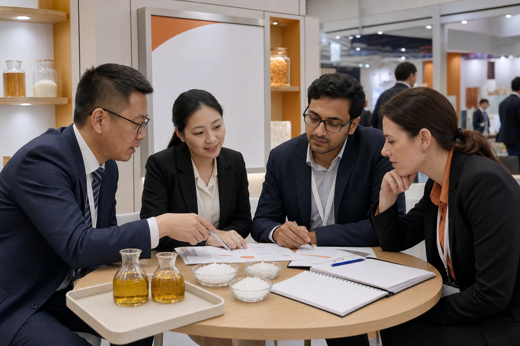 Technical and sourcing discussion at a food-ingredients exhibition